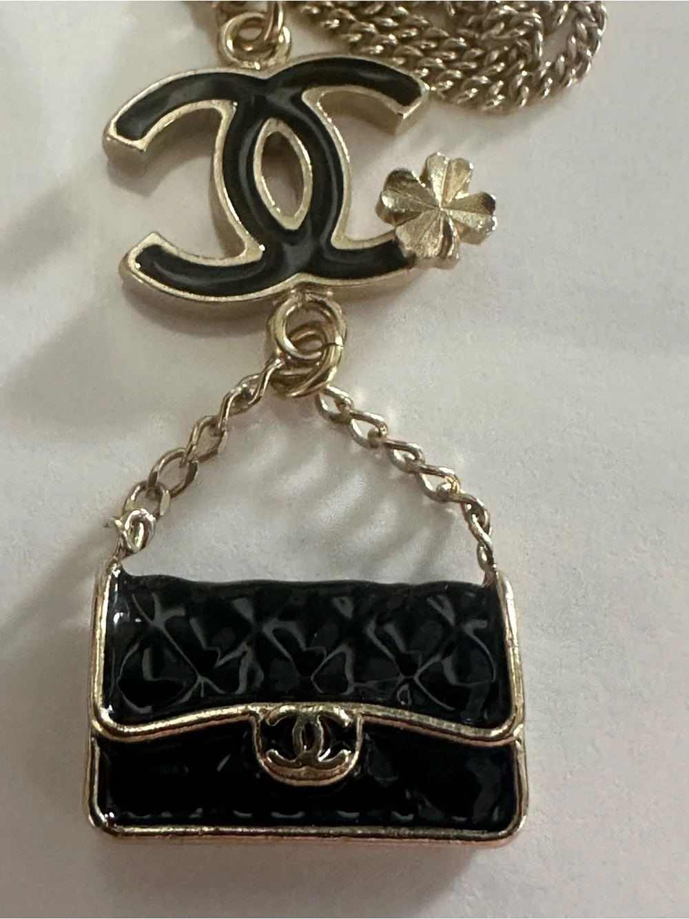 CHANEL B13S Enamel Quilted Flap Bag CC Clover Charm Necklace